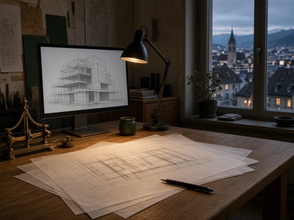An architecture studio desk with a digital building model and drawings